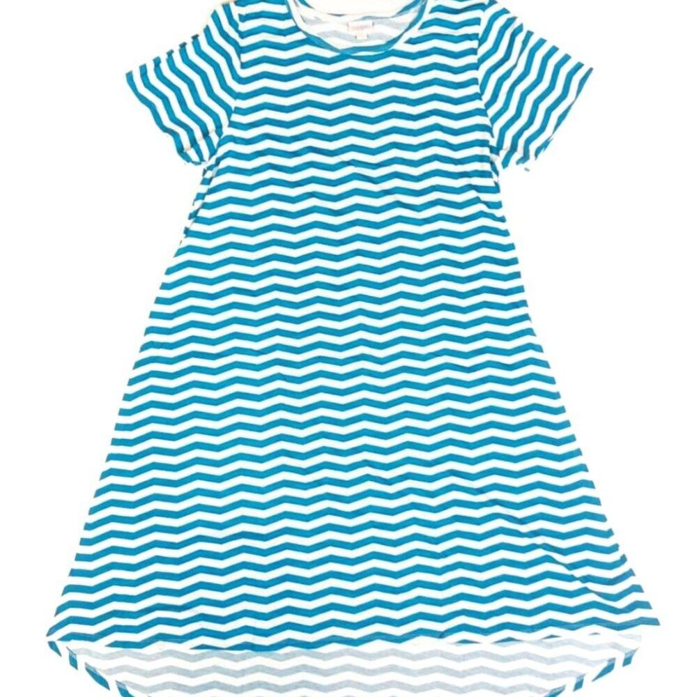 NEW LuLaRoe MEDIUM Carly Blue Chevron Striped Swing Dress‎ High Low Flowy